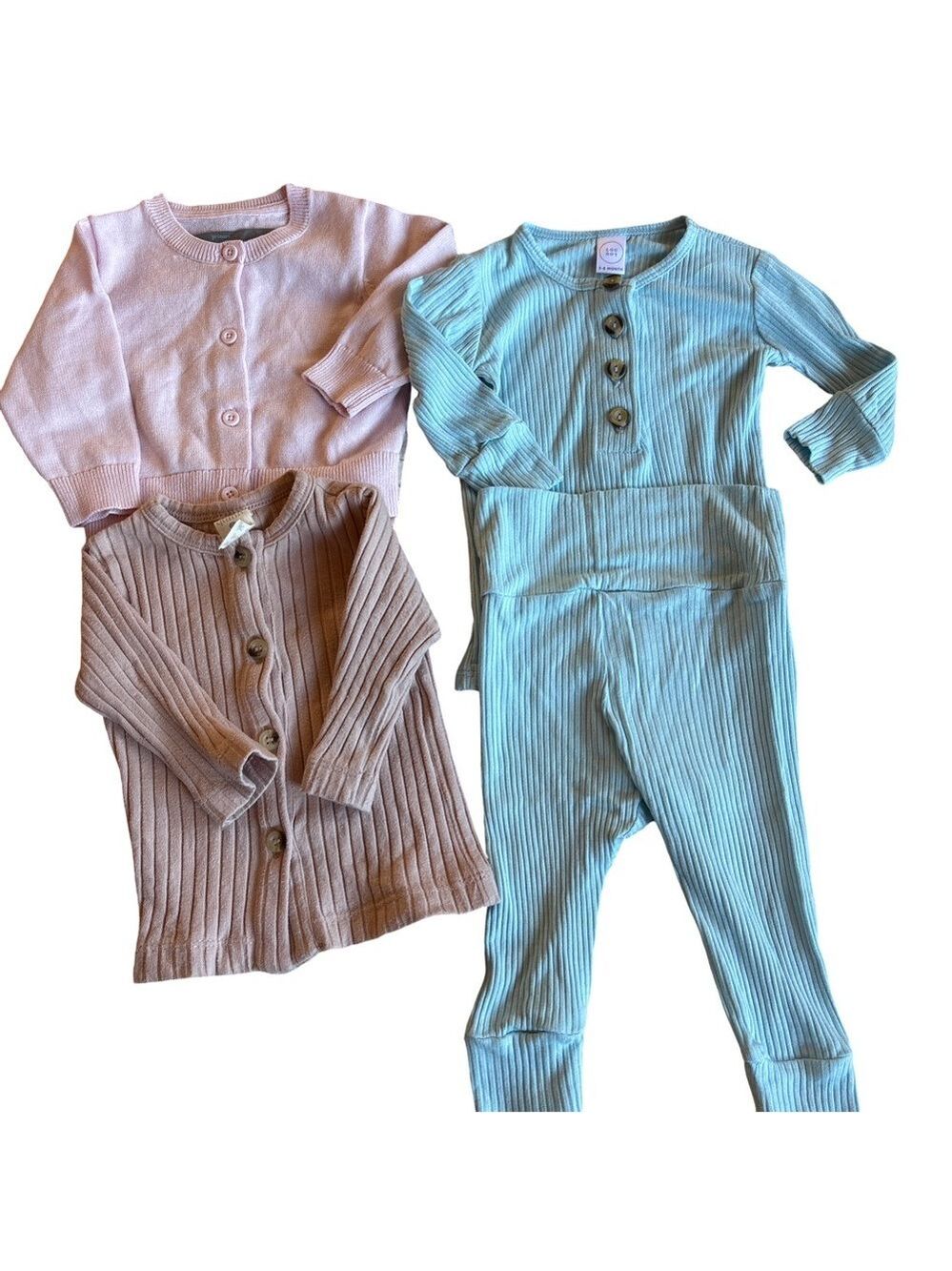 3-6 Months pink cotton Sweater, cotton beige Top & blue rayon ribbed top bottom